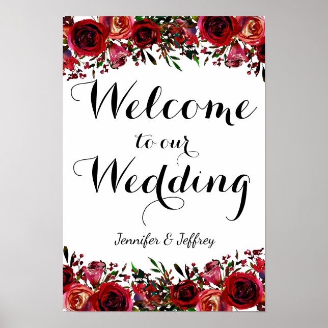 Red Fall Automne Floral Mariage Affiche de bienven (Devant)
