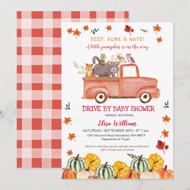 Red Fall Truck Pumpkin Autumn Drive by Baby Shower Einladung (Vorne/Hinten)