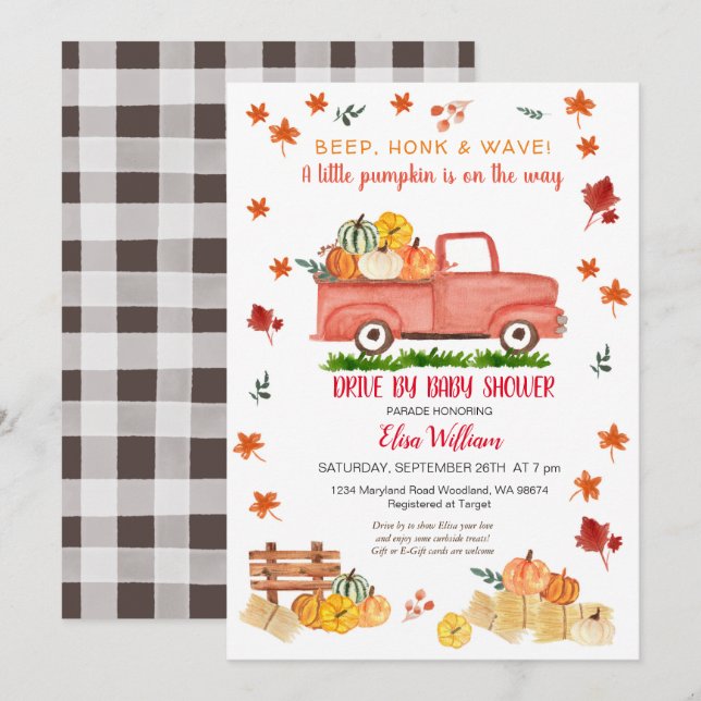 Red Fall Truck Pumpkin Herbstantrieb mit Babydusch Einladung (Vorne/Hinten)