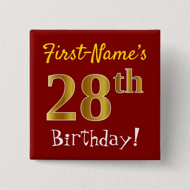 Red, Falsch Gold 28th Birthday, With Custom Name Button (Vorderseite)