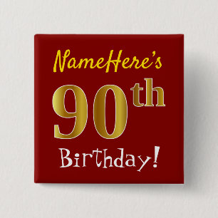 Red, Falsch Gold 90th Birthday, With Custom Name Button
