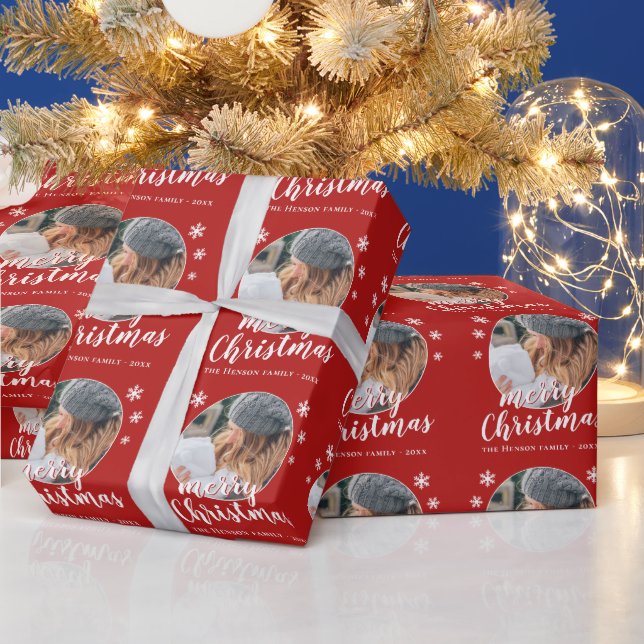 Red Family Foto Snowflake Frohe Weihnachten Geschenkpapier (Feiertage)