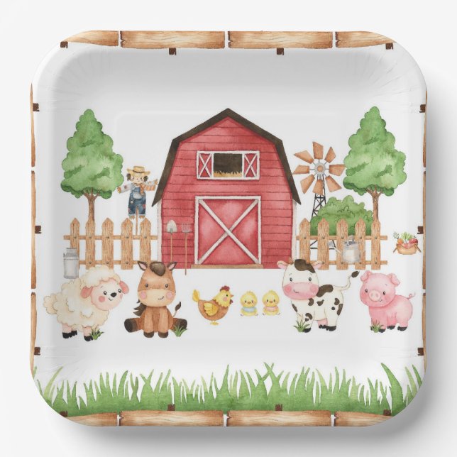 Red Farm Animals Baby Dusche Pappteller (Vorderseite)
