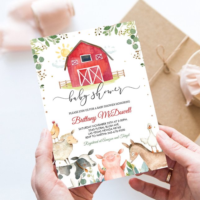 Red Farm Animals Boy Baby Dusche Einladung (Von Creator hochgeladen)