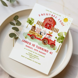 Red Farm animaux 4 anniversaire fête Invitation