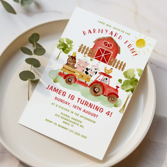 Red Farm animaux 4 anniversaire fête Invitation (Créateur téléchargé)