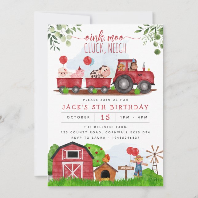 Red Farm Barnyard Animals Birthday Invitation Einladung (Vorderseite)