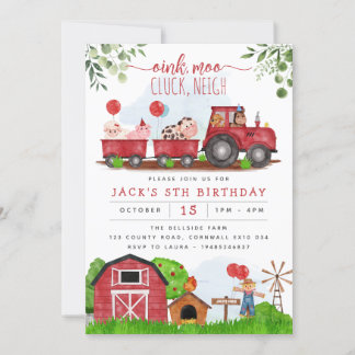 Red Farm Barnyard Animals Birthday Invitation Einladung