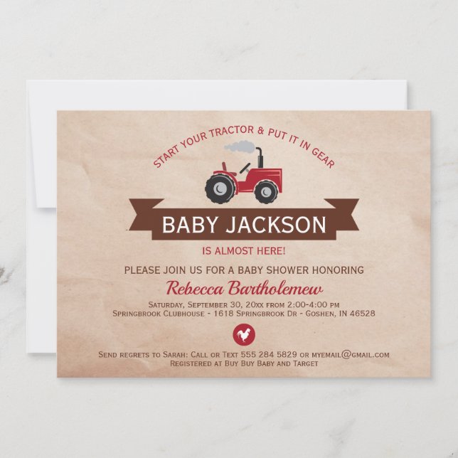 Red Farm Tractor Baby Shower Invitations (Devant)