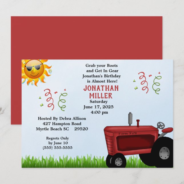 Red Farm Tractor Invitation de fête d'anniversaire (Devant / Derrière)