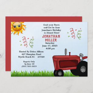 Red Farm Tractor Invitation de fête d'anniversaire