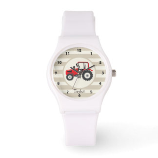 Red Farm Traktor auf Tan Stripes Armbanduhr