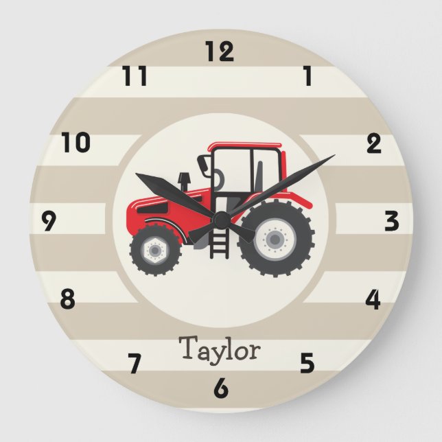 Red Farm Traktor auf Tan Stripes Große Wanduhr (Vorderseite)