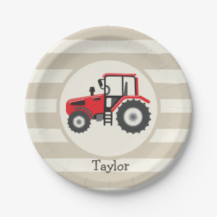 Red Farm Traktor auf Tan Stripes Pappteller