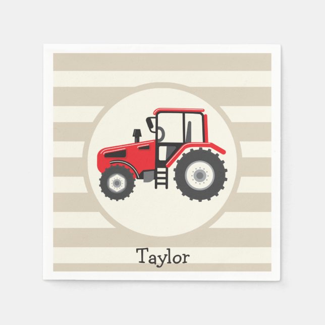 Red Farm Traktor auf Tan Stripes Serviette (Vorderseite)