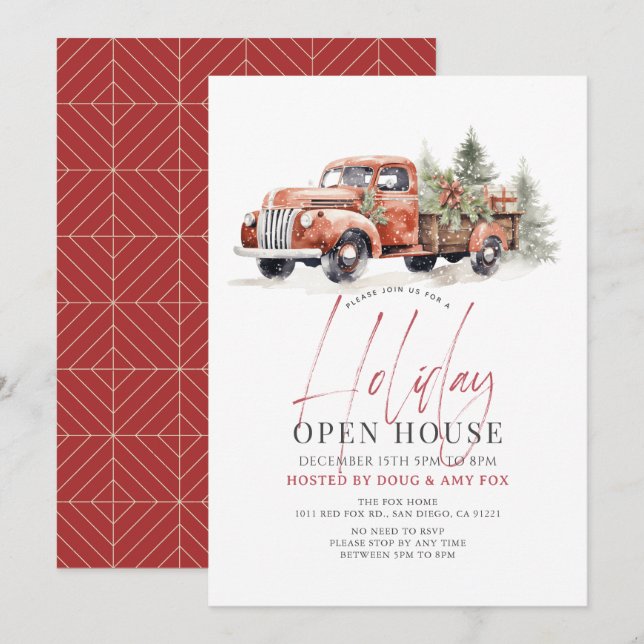 Red Farm Truck Christmas Holiday Open House Einladung (Vorne/Hinten)