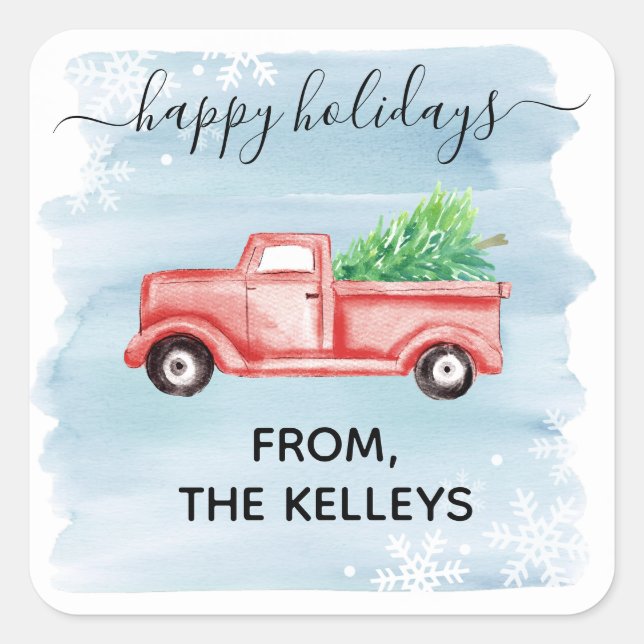 Red Farm Truck Holiday Gift Quadratischer Aufkleber (Vorderseite)