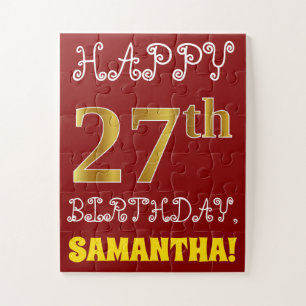Red, Faux Gold 27th Birthday + Custom Name Puzzle