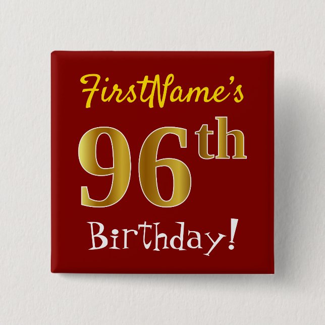 Red, Faux Gold 96th Birthday, With Custom Name Button (Vorderseite)