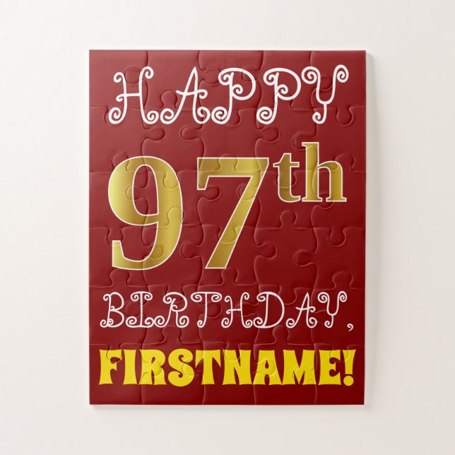 Red, Faux Gold 97th Birthday + Custom Name Puzzle (Vertical)