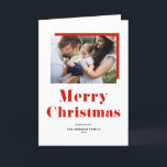 Red Festive Bold Typografie Frohe Weihnachts-Foto Feiertagskarte<br><div class="desc">Frohe Weihnachten! Versenden Sie Weihnachten mit dieser Weihnachtskarte für Ihr Foto. Es zeichnet sich durch rote Typografie und pinstripes Muster aus. Personalisieren Sie diese,  indem Sie ein Foto,  Namen,  Jahr und andere Details hinzufügen. Diese moderne Typografie Weihnachtskarte ist in anderen Karton erhältlich.</div>