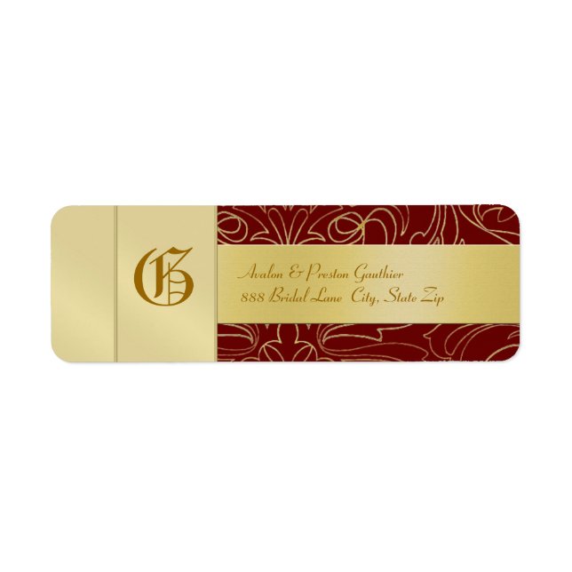 Red Filigree Gold Monogram Wedding Address Label (Vorne)