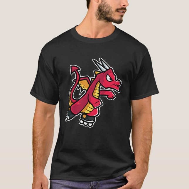 Red Fire Dragon Retro Roller Skate T-Shirt (Vorderseite)