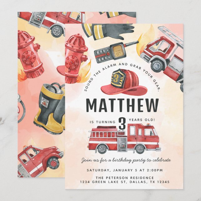 Red Fire Motor Truck Birthday Party Einladung (Vorne/Hinten)