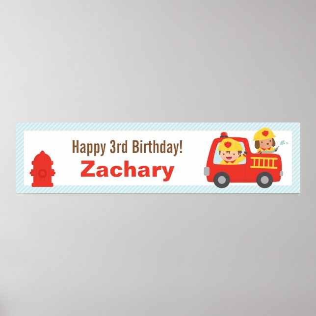 Red Fire Truck Fighter Boy Birthday Party Banner Poster (Vorne)