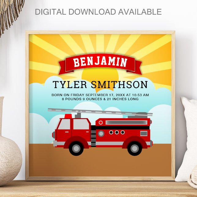 Red Fire Truck Firefighter Baby Birth Stats Poster (Von Creator hochgeladen)