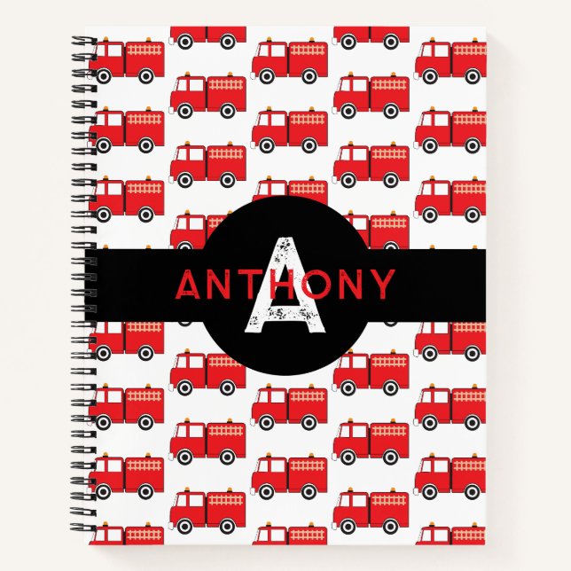 Red Fire Truck Kids Monogram Name School Notizbuch (Vorderseite)