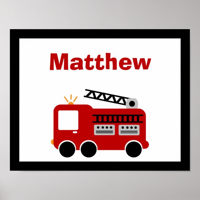 Red Fire Truck Personalisierter Name Mauer Art Poster (Vorne)
