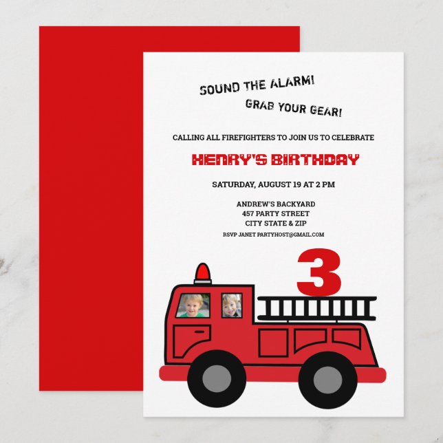 Red Fire Truck Zwei Fotos Geburtstag Einladung (Vorne/Hinten)