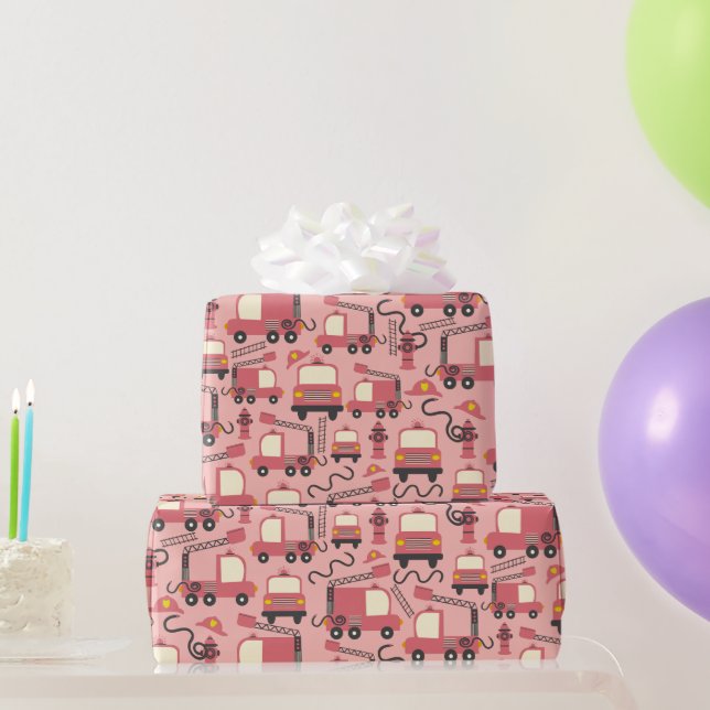 Red Firetrucks Firefighter Kids Rescue Vehicles Geschenkpapier (Partygeschenke)