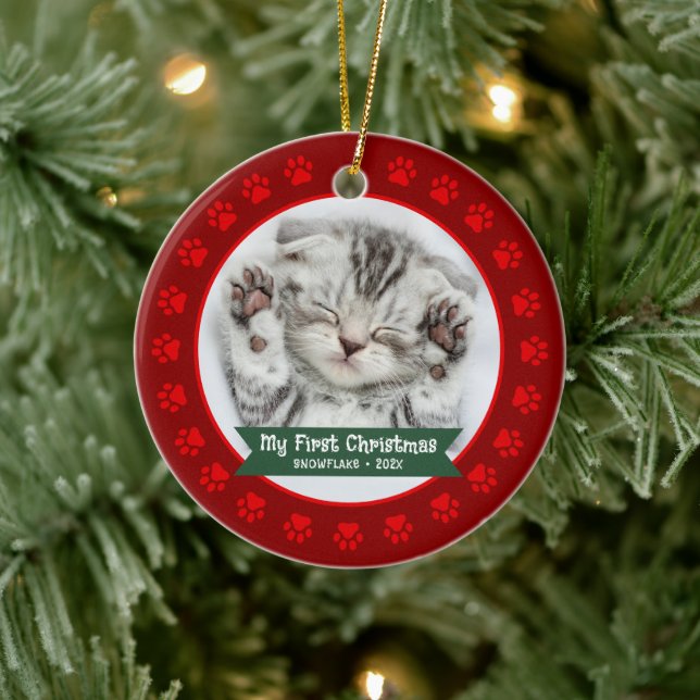 Red First Christmas Pet Kitten Foto Paws Custom Keramik Ornament (Baum)