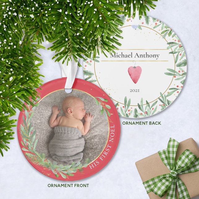 Red "First Weihnachten" Weihnachtsgrün Baby Foto Ornament (Von Creator hochgeladen)