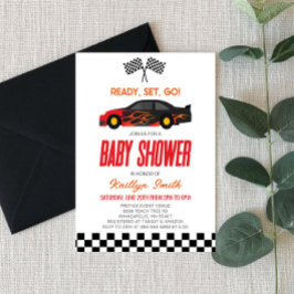 Red Flame Race Car Checkered Race Flag Babydusche Einladung
