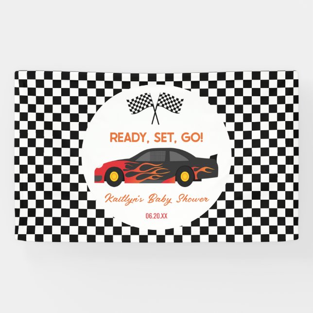Red Flame Race Car Ready Set Go Baby Dusche Banner (Horizontal)