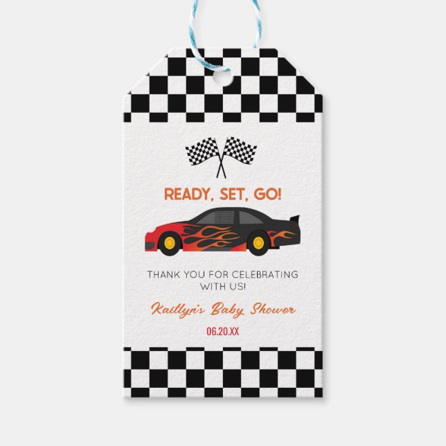Red Flame Race Car Ready Set Go Baby Dusche Geschenkanhänger (Vorderseite)