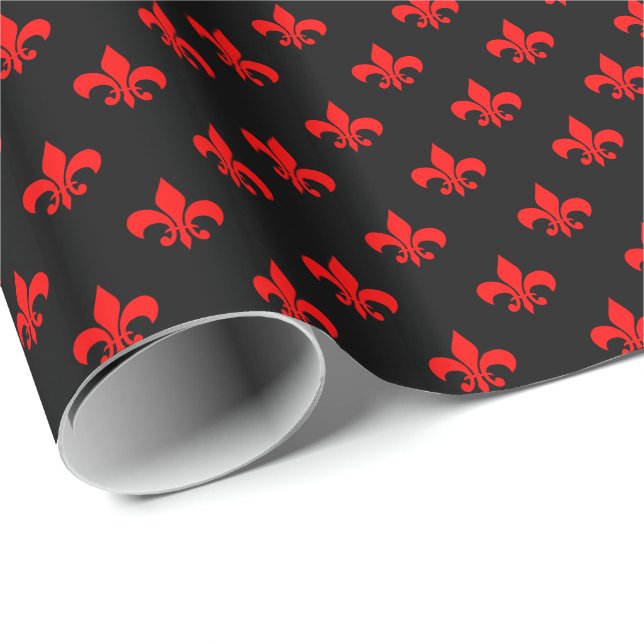 Red Fleur-de-lis auf Black Geschenkpapier (Rolleneckpunkt)