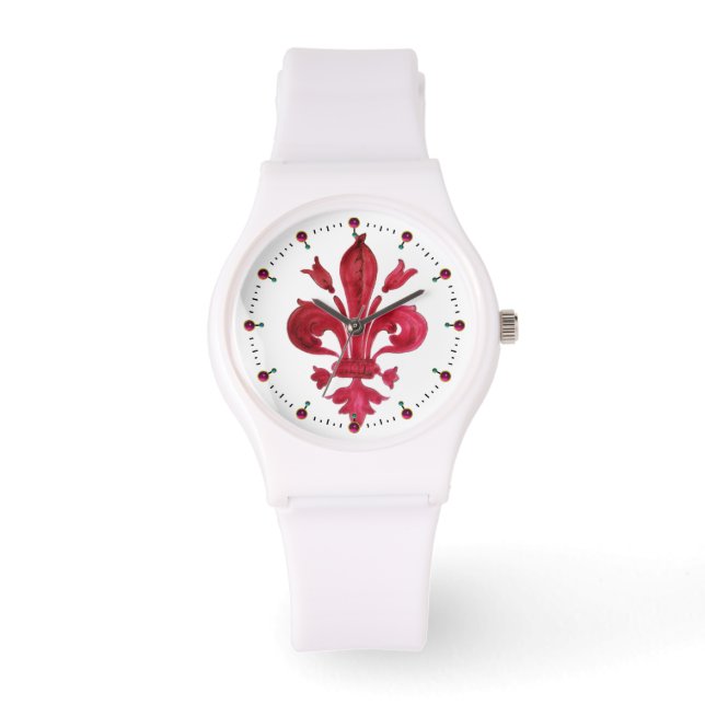 RED FLEUR DE LISE IN WHITE Floral Heraldic Armbanduhr (Vorderseite)