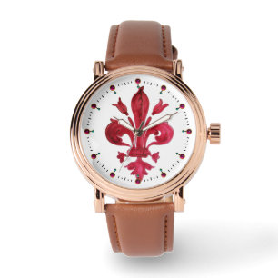 RED FLEUR DE LISE IN WHITE Floral Heraldic Armbanduhr