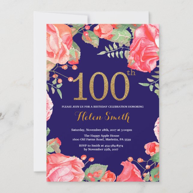 Red Floral 100th Birthday Invitation Parties scint (Devant)