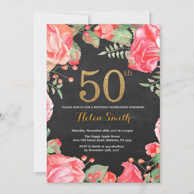 Red Floral 50th Birthday Invitation Parties scinti (Devant)