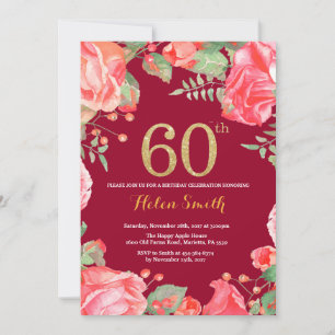 Red Floral 60. Geburtstag Gold Glitzer Burgundy Re Einladung