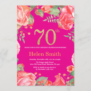 Red Floral 70. Geburtstag Gold Glitzer und Hot Pin Einladung