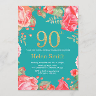 Red Floral 90. Geburtstag Gold Glitzer und Aquamar Einladung