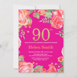 Red Floral 90. Geburtstag Gold Glitzer und Hot Pin Einladung