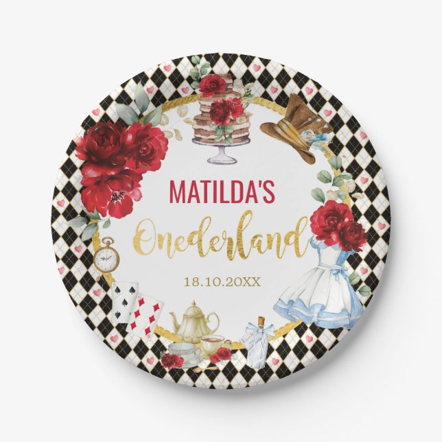Red Floral Alice im Wunderland Birthday Onederland Pappteller (Vorderseite)