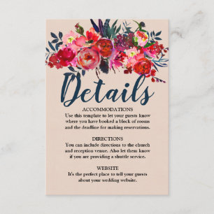Red Floral and Boho Feather Wedding Details Card Begleitkarte
